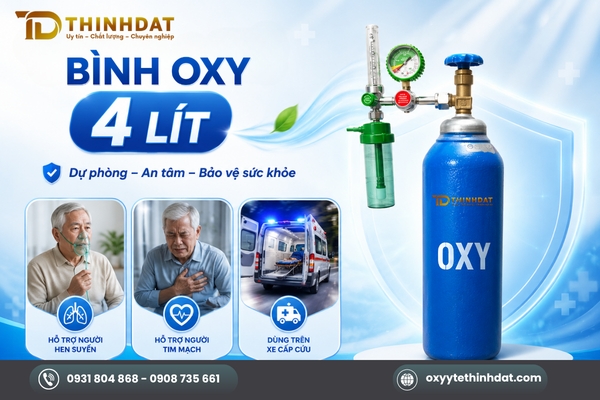 Bình oxy 4 lít - Dung tích nhỏ dự phòng cho người hen suyễn, tim mạch, dùng trên xe cấp cứu
