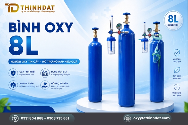 Bình oxy 8 lít phân khúc tầm trung, sử dụng dự phòng, điều trị bệnh lý mãn tính tại nhà